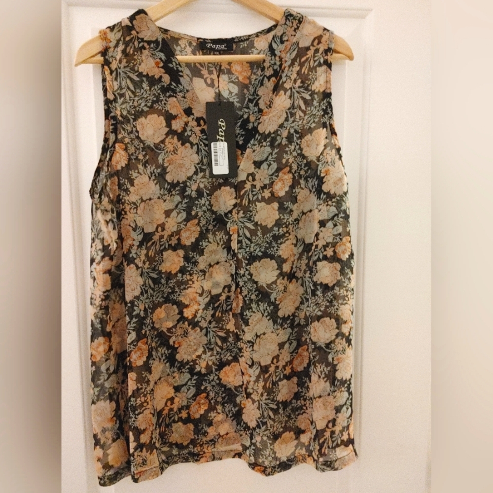 Papa Vancouver Black, Cream, Peach Sheer Floral Blouse ~ Size XXL